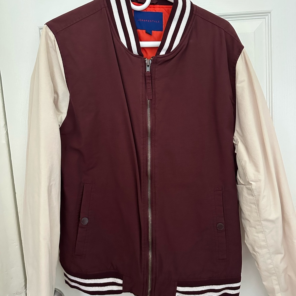 Aeropostale Men's Burgundy and Cream Varsity Jacket - Picture 1 of 2